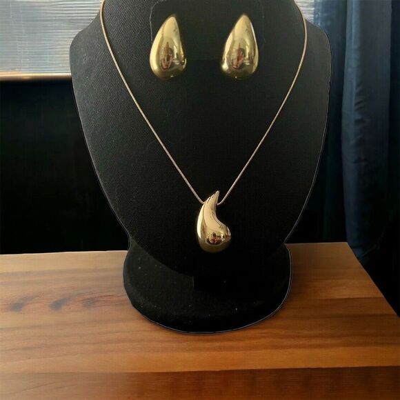 18k Gold Played Chunky Teardrop Necklace‎ & Earring Set - Picture 1 of 5